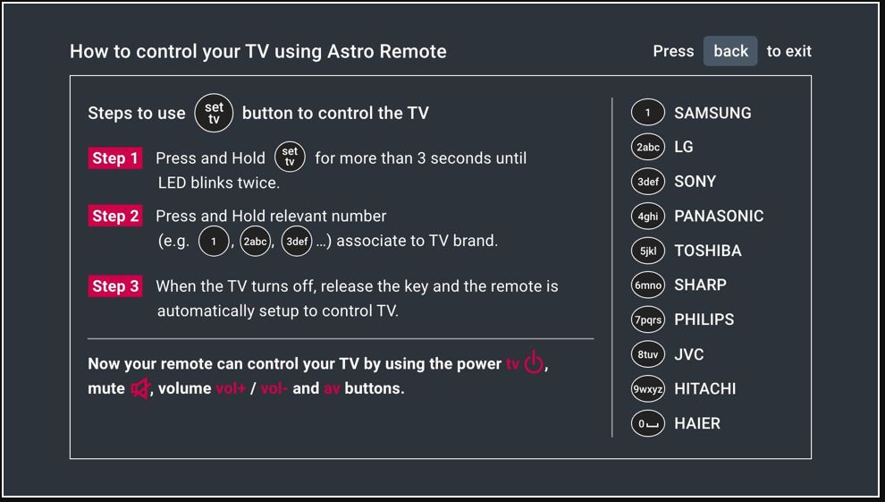 astro remote control tv